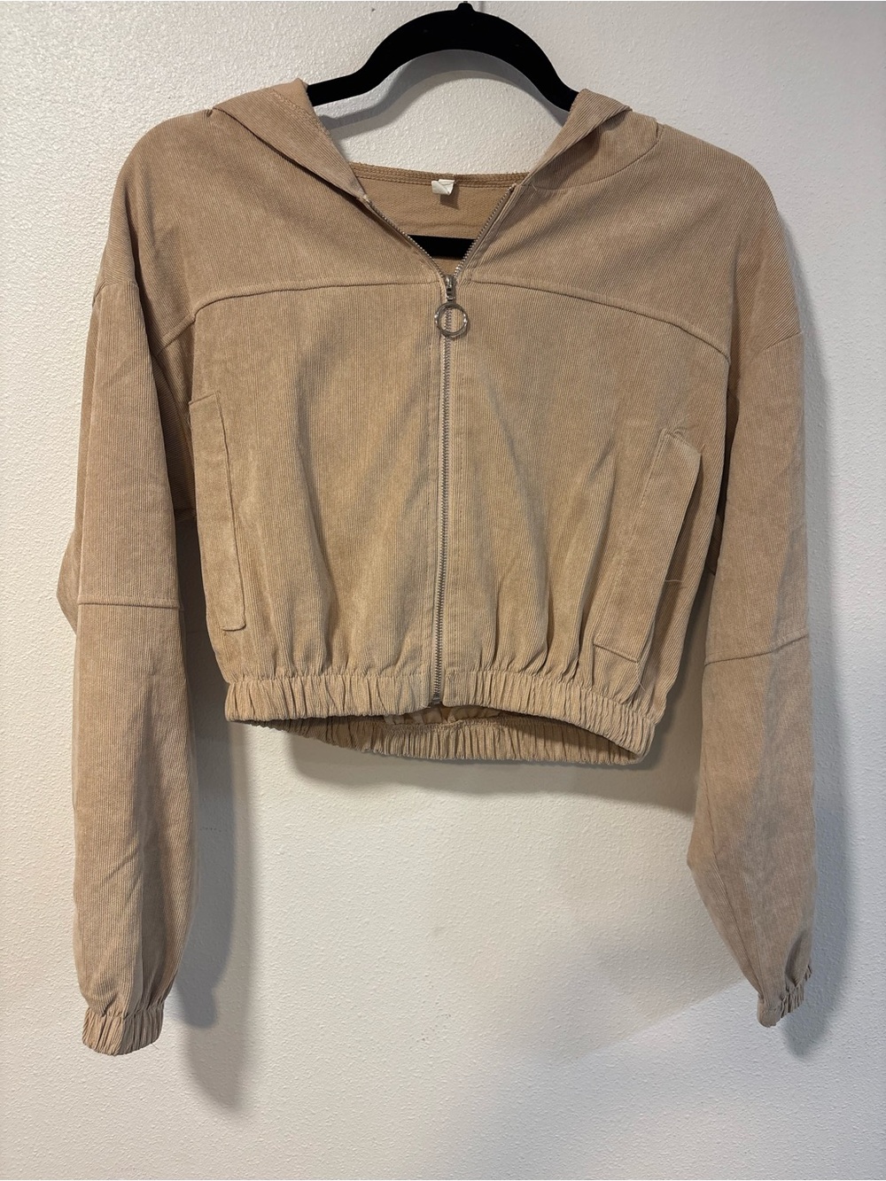 Beige Cropped Zip-Up Hoodie Jacket